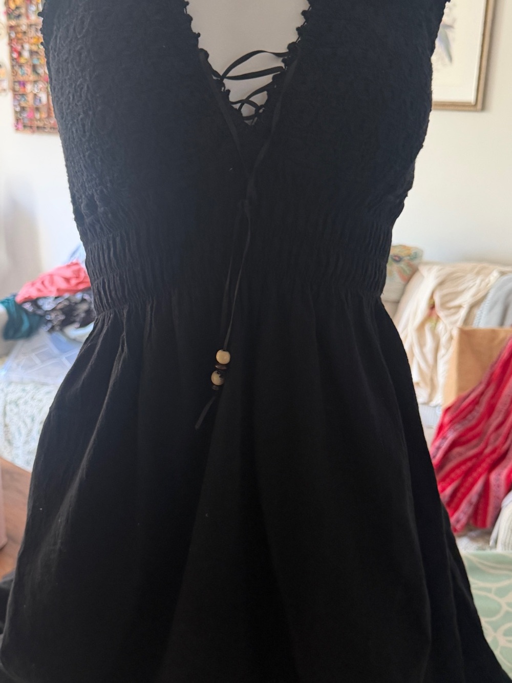 Lace-Up V-Neck Black Smocked Mini Dress